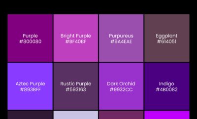 بیش از 225 انواع بنفش با کد رنگ (HEX, RGB, CMYK, HSL) از A تا Z