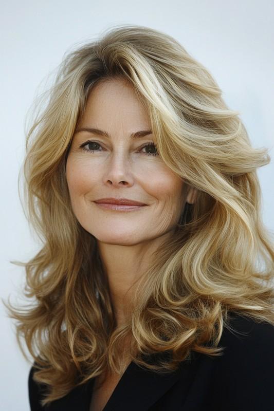 6. Soft Curls with Honey Blonde Layers مدل موی متوسط لایه دار میانسال
