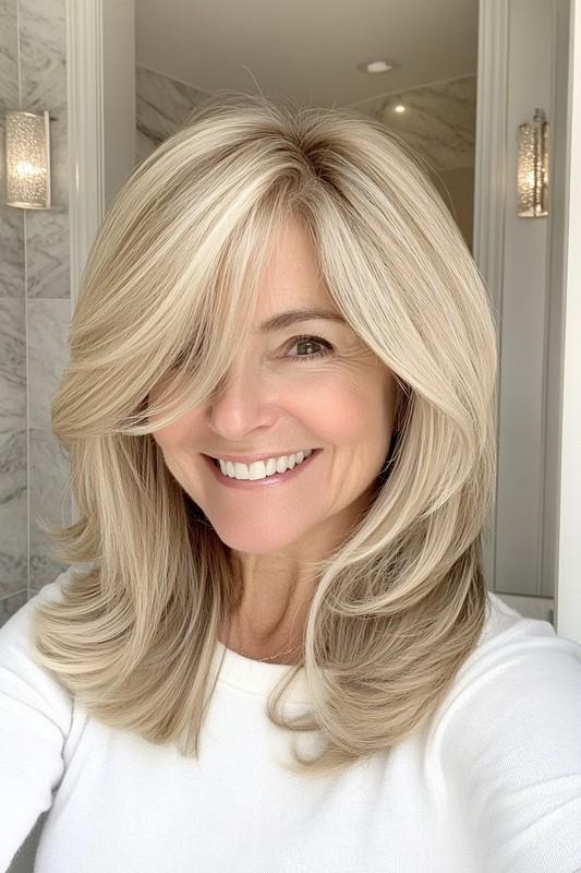 24. Airy Layers with Champagne Blonde Glow مدل موی متوسط لایه دار میانسال