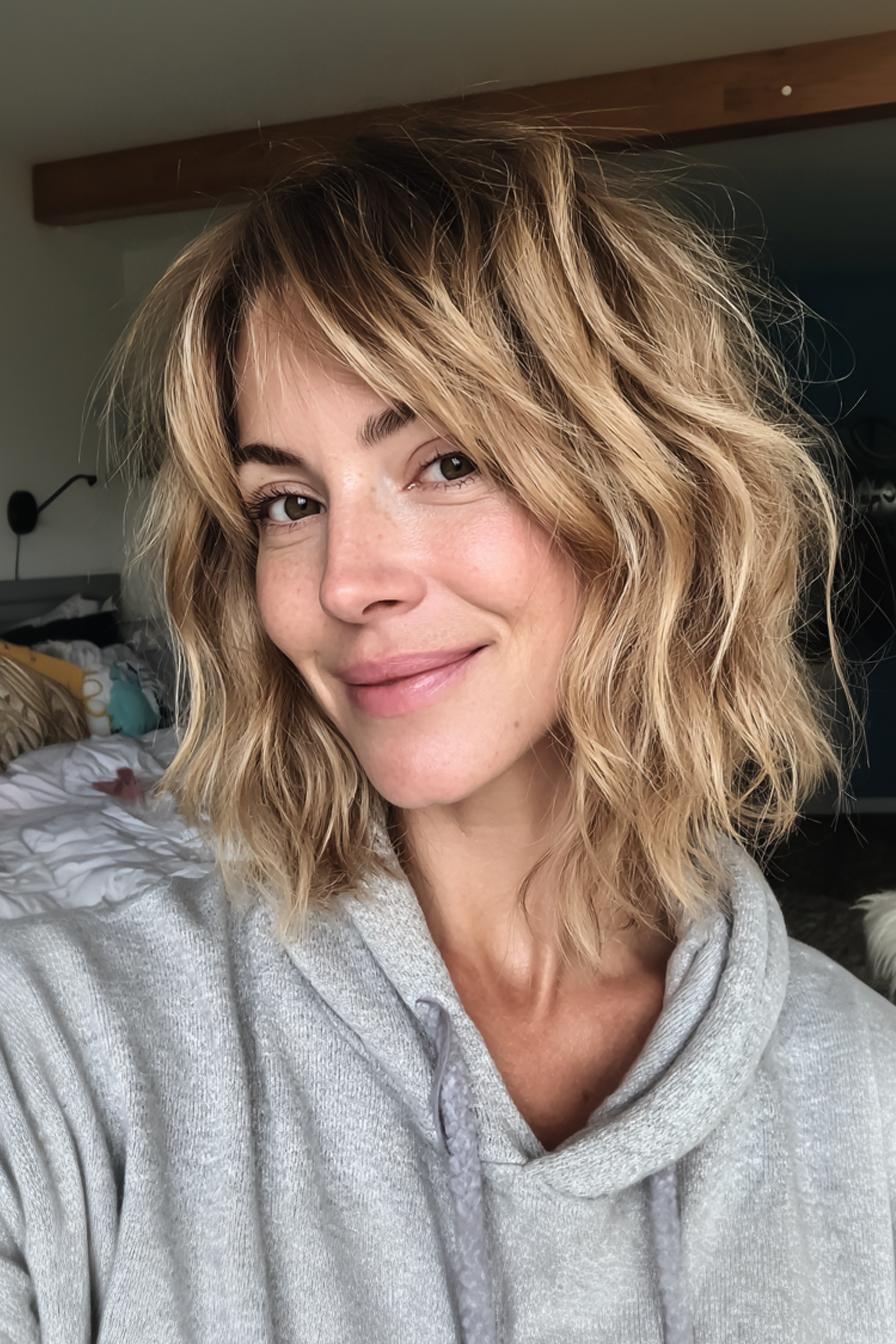 لاب بافت دار (لاب کوتاه) — بالیاژ بلوند آفتاب خورده (مدل مو کوتاه زنان بالای چهل) - مدل مو کوتاه زنان بالای چهل
