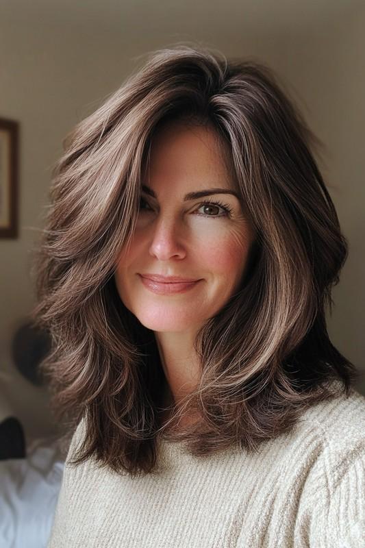 14. Choppy Medium Layers with Cool Brown Hue مدل موی متوسط لایه دار میانسال
