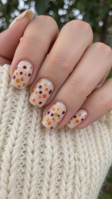 طراحی ناخن پاییزی نقطه ای با تم پاییزی