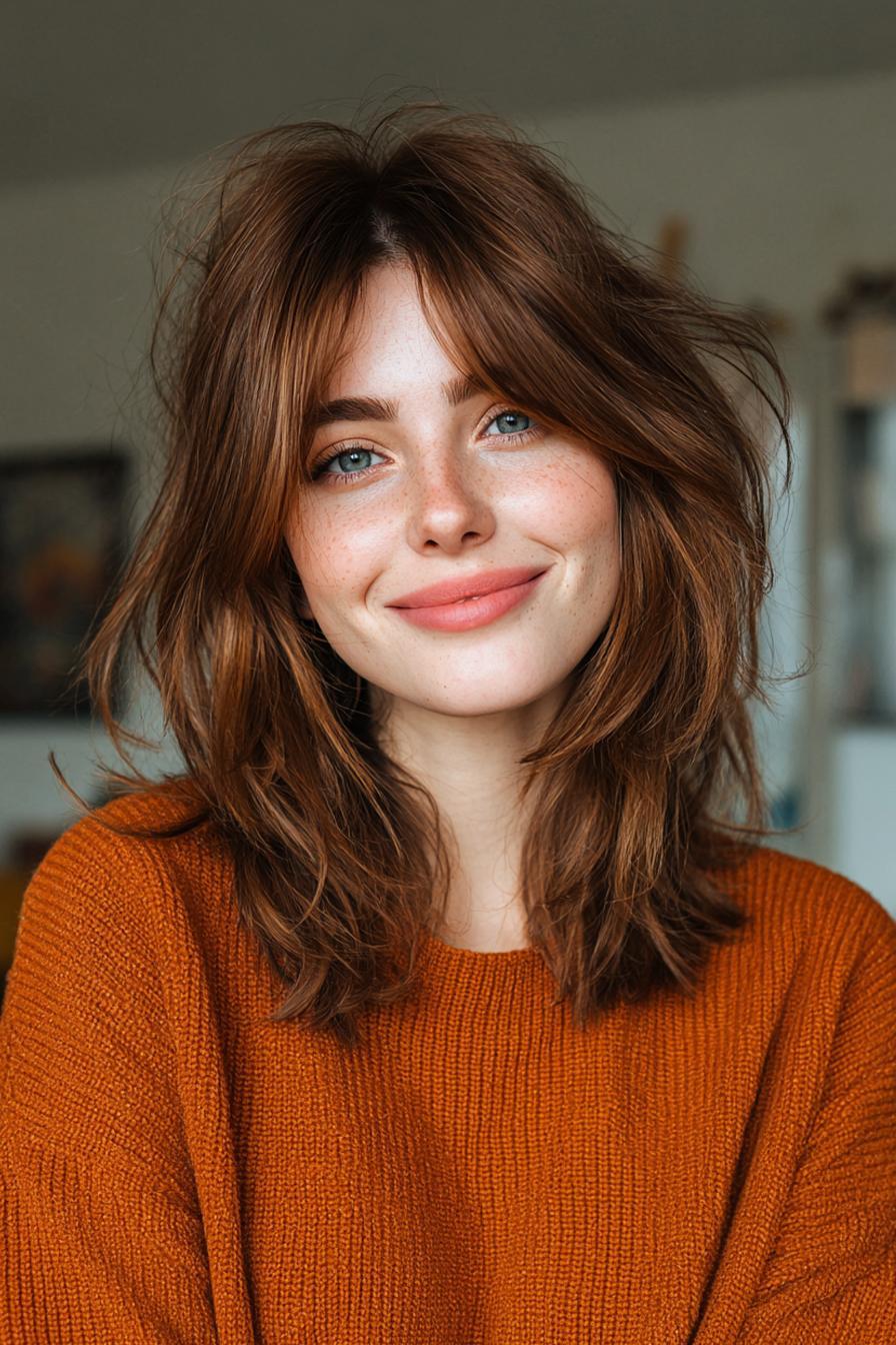شگ تا شانه با عمق قهوه ای مسی (مدل مو تا شانه پرپشت)