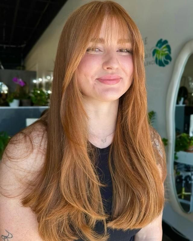 13. Golden Copper Layers with Light Fringe (مدل مو بلند چتری کم پشت)