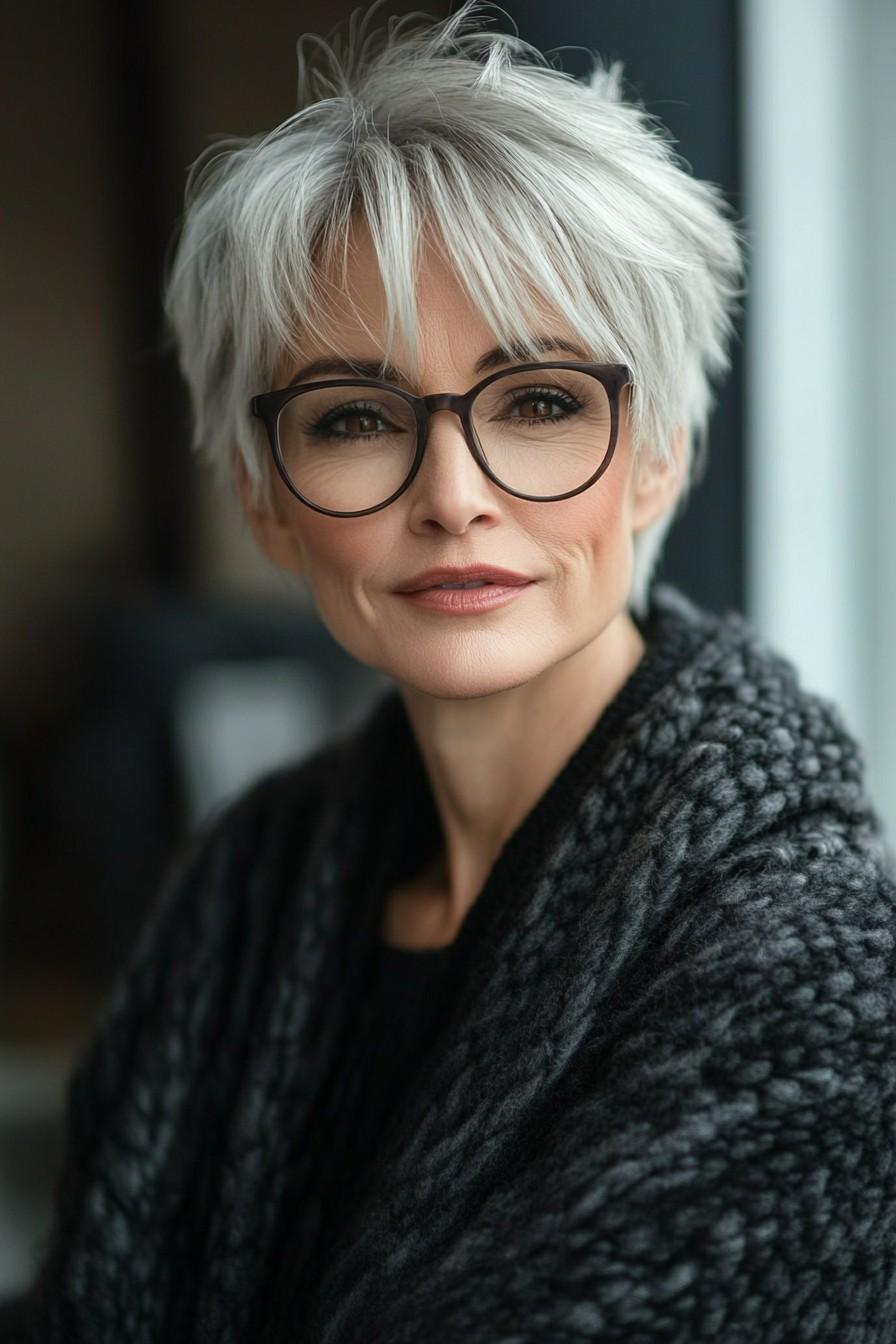 پیکسی خاکستری پردار با لایه های نازک - مدل مو پیکسی مسن عینکی