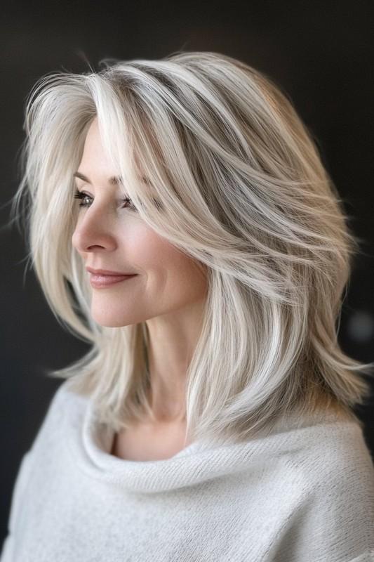 22. Piecey Shoulder Cut with Ash Blonde Highlights مدل موی متوسط لایه دار میانسال