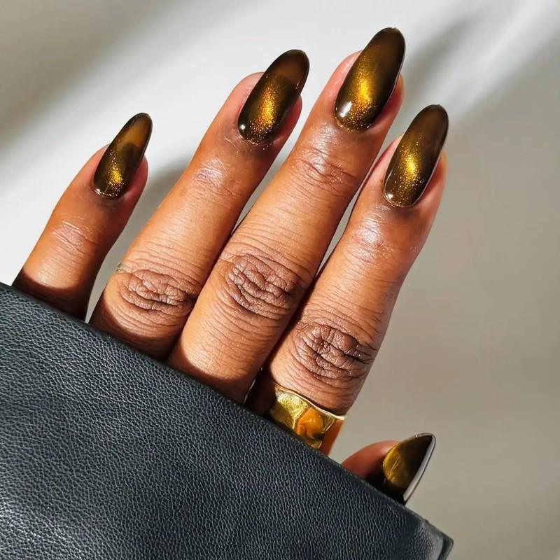 Closeup of hands with metallic nail polish showcasing a tiger's eye design - مدل ناخن مخملی