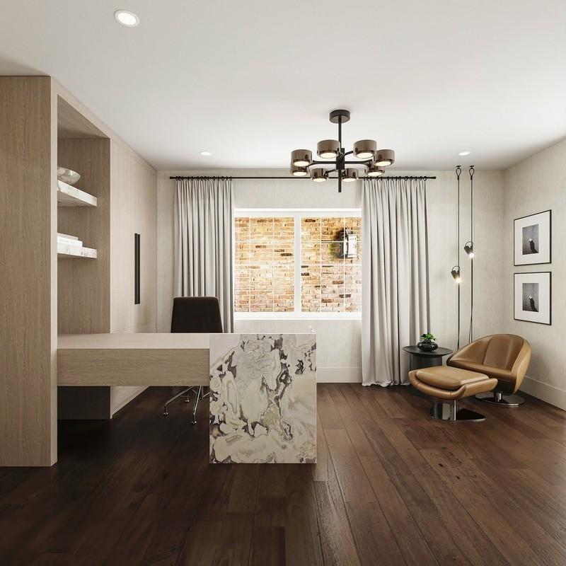 5. Contemporary Elegance in Neutral Stone and Wood (ایده دکوراسیون دفتر کار)