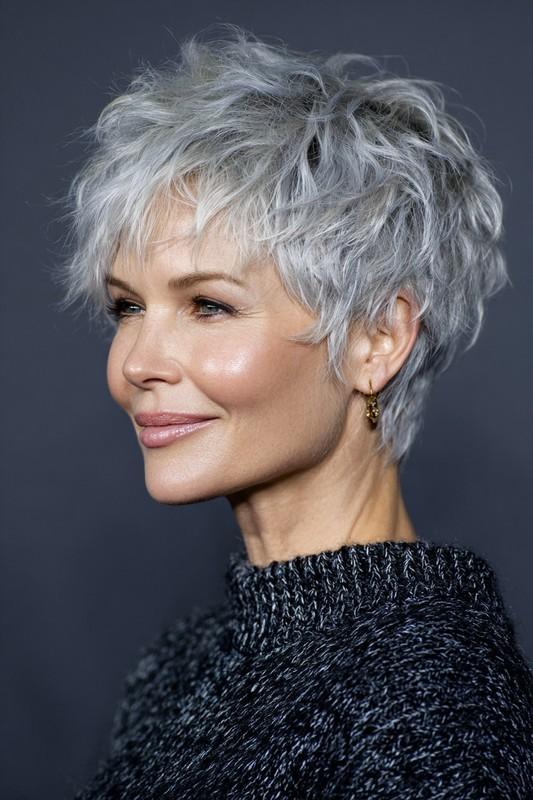 9. Tousled Layered Pixie in Silver Frost (مدل مو شیک میانسال)