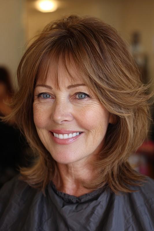 مدل موی لایه دار بالای پنجاه: لایه های پر مانند با رنگ شاه بلوطی ملایم