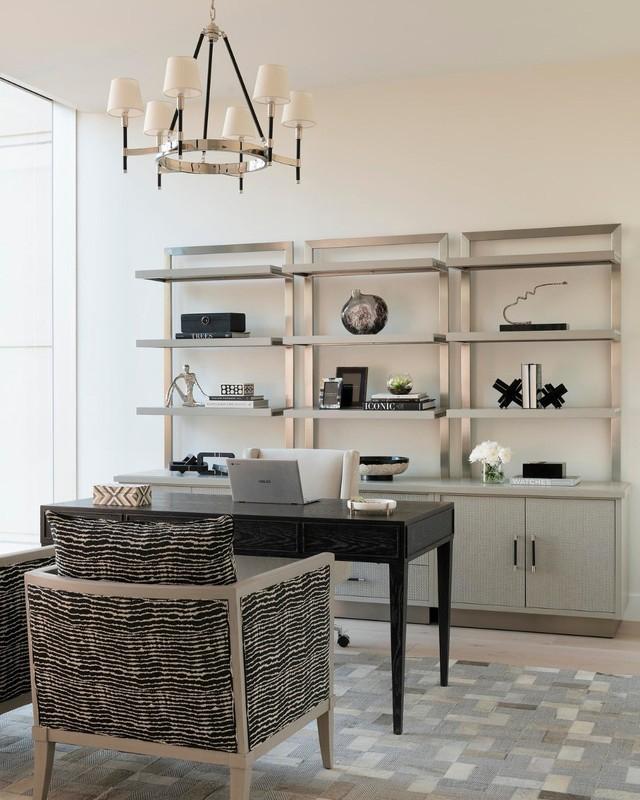 13. Polished Office Setting with Black Desk and Metallic Shelving (مدل میز کار مشکی)