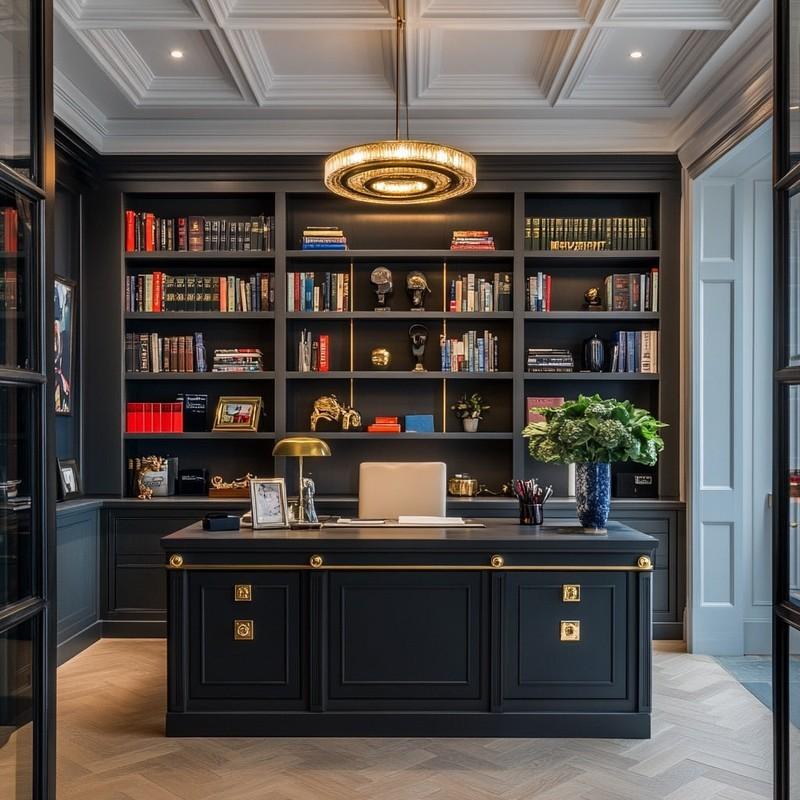 3. Charcoal Library Office with Brass Details and a Statement Black Desk (مدل میز کار مشکی)