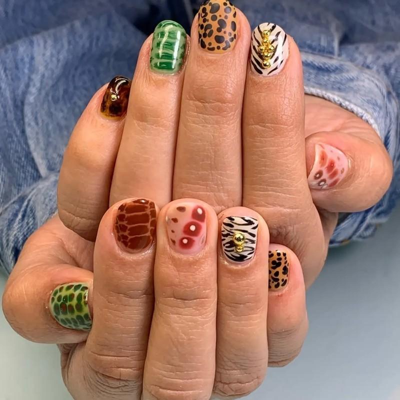 Hands with nails featuring various animal print designs like leopard zebra and crocodile create a mixed style, مدل ناخن کوتاه پاییزی طرح حیوانات