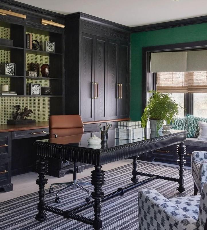 8. Green & Ebony Office with a Carved Black Desk Centerpiece (مدل میز کار مشکی)