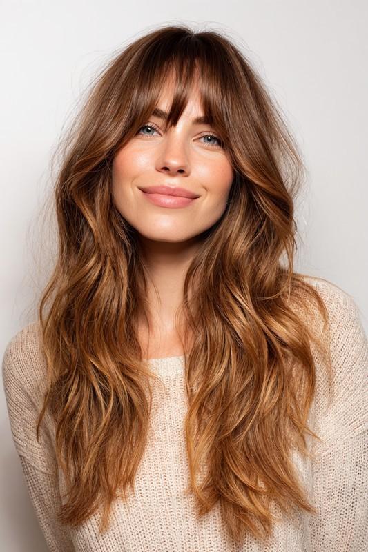 چتری های بلند پرده ای با رنگ کارامل ملایم (مدل موهای بلند جدید)