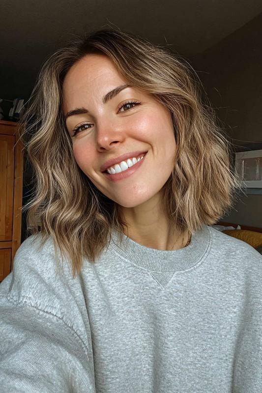 16. Relaxed Wavy Lob in Beige Bronde (مدل مو شیک میانسال)
