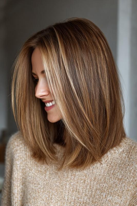 14. Straight Midi Cut with Sandy Brown Balayage (مدل مو شیک میانسال)
