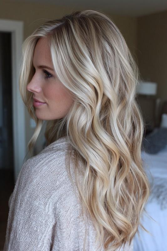 موج های پرده ای بلوند بژ ملایم (مدل موی بلند موج دار) - مدل موی بلند موج دار