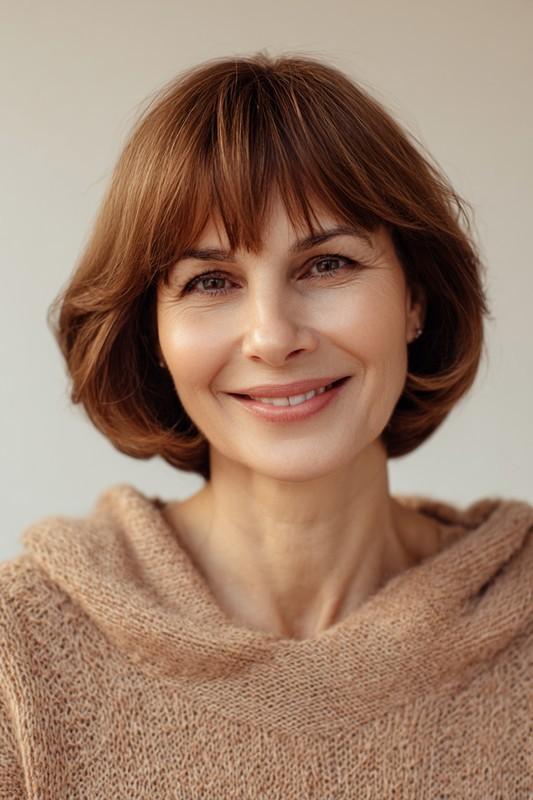 کوتاهی متوسط + چتری گرد (قهوه ای دارچینی) مدل موی چتری برای بالای پنجاه