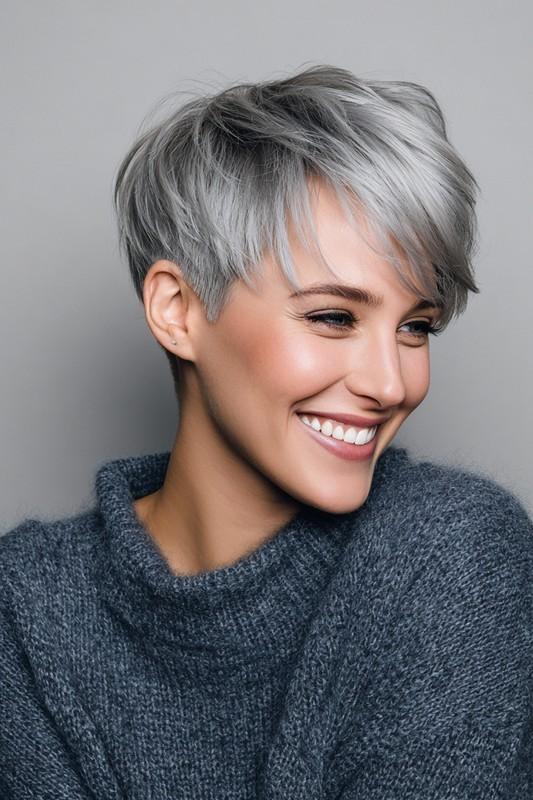 پیکسی یک طرفه با رنگ خاکستری نقره ای دودی (مدل موی کوتاه پرپشت) - مدل موی کوتاه پرپشت