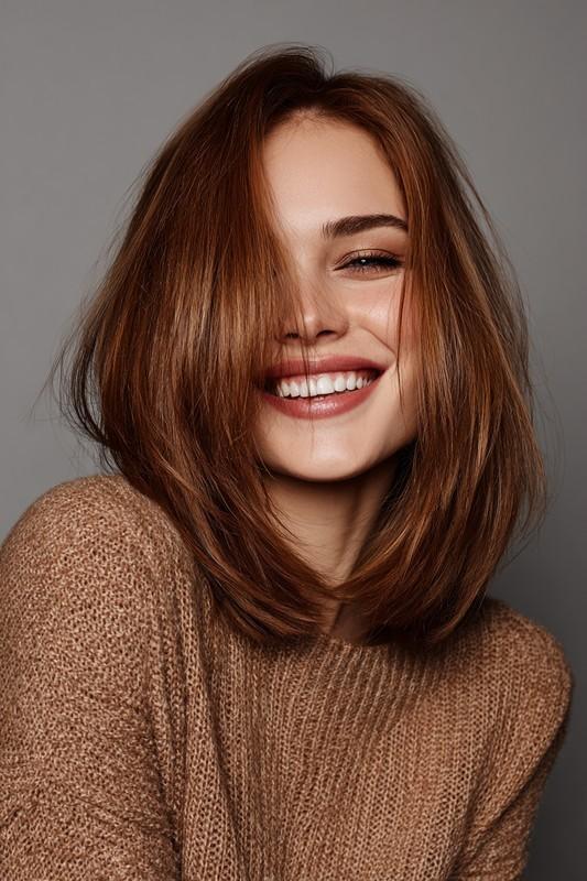 کوتاهی یکدست تا روی شونه با رنگ قهوه ای بلوطی (مدل مو شانه ای برای موهای نازک)