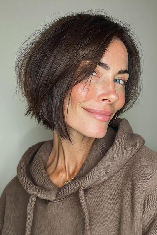 باب هم سطح تا چانه با قهوه ای اسپرسو - مدل مو کوتاه شیک مسن
