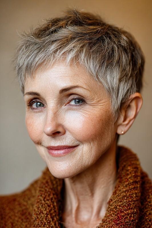 مدل کراپ لایه بندی شده شیک در رنگ قهوه ای روشن، مدل مو کوتاه موی کم پشت برای خانم های مسن