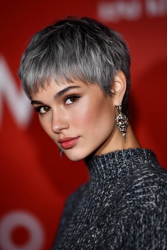 پیکسی بلند تیغ زده با رنگ خاکستری نقره ای - مدل موی پیکسی بلند