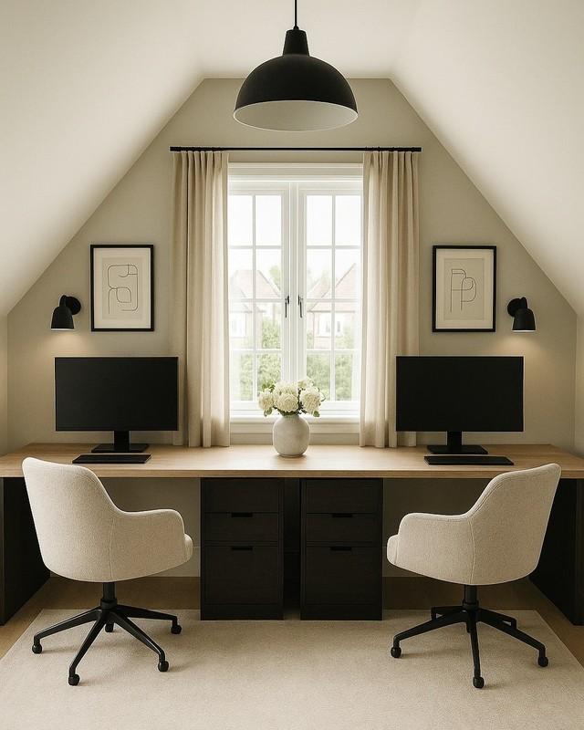 طراحی دفتر کار زیرشیروانی: Classic Black and Cream Double Loft Office with Symmetrical Layout