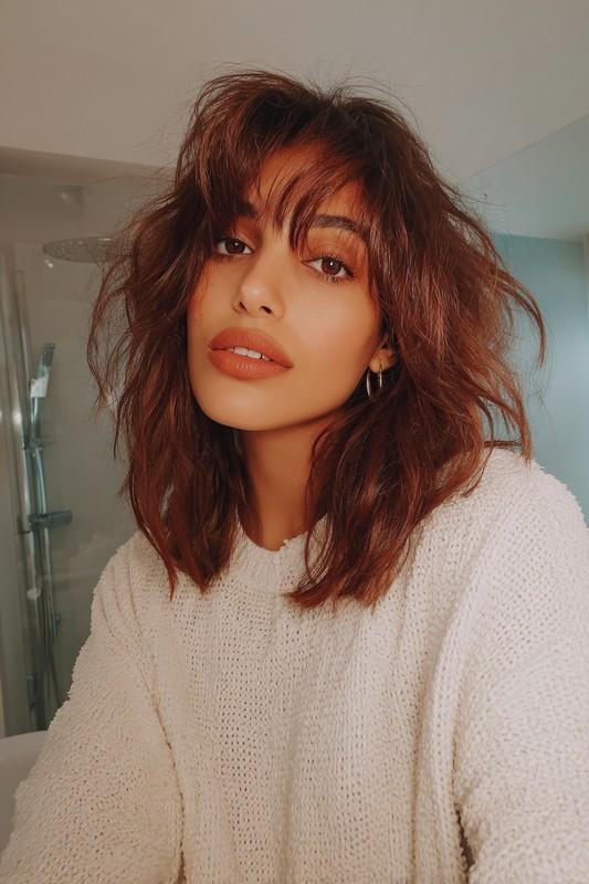 باب با چتری نازک قهوه ای مسی - مدل باب بلند لایه لایه