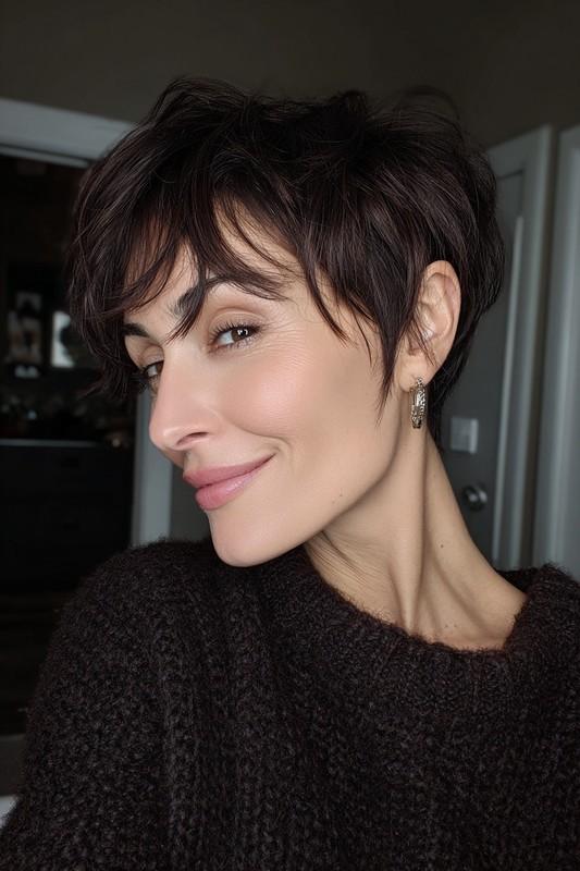 پیکسی با چتری های خیلی کوتاه و رنگ قهوه ای کاکائویی تیره - مدل موی پیکسی خانم های میانسال