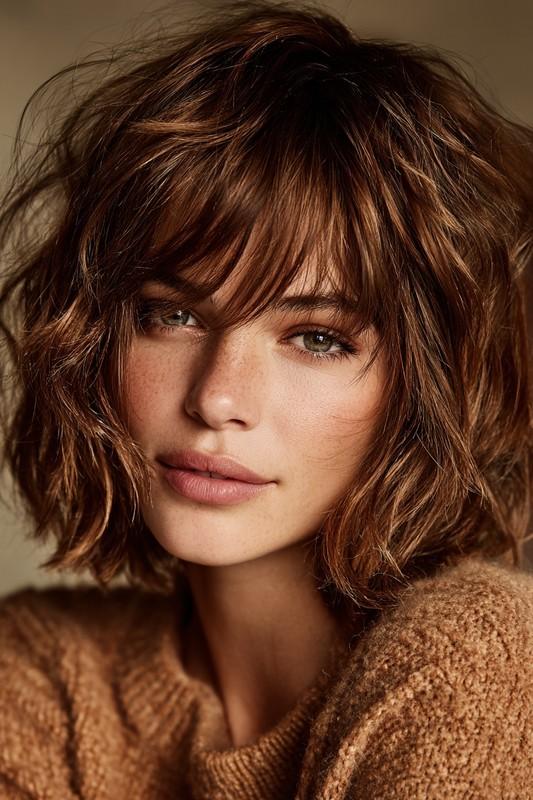 لاب شگی شاه بلوطی با چتری پرده ای - مدل باب بلند لایه لایه