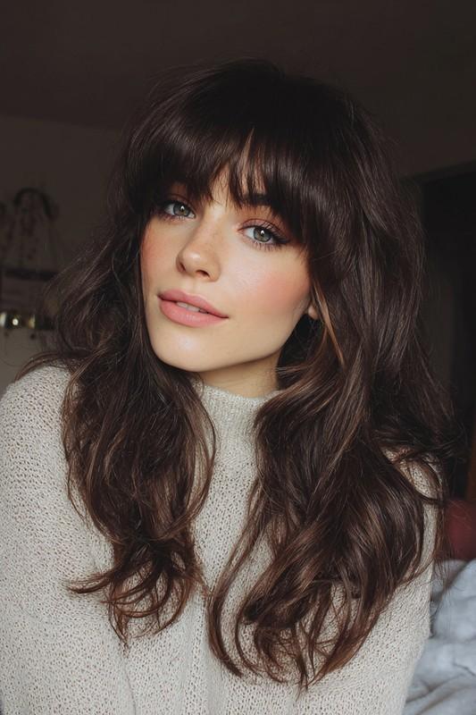 کوتاهی بلند با چتری کج به رنگ قهوه ای شکلاتی (مدل موی بلند برای موی کم پشت)