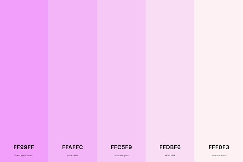 پالت رنگ سرخابی روشن همراه با بنفش رنگ وب (هگز #FF99FF) + آلویی وب (هگز #FFAFFC) + صورتی اسطوخودوسی (هگز #FFC5F9) + صورتی میمی (هگز #FFDBF6) + رز لاوندر (هگز #FFF0F3) همراه با کدهای هگز