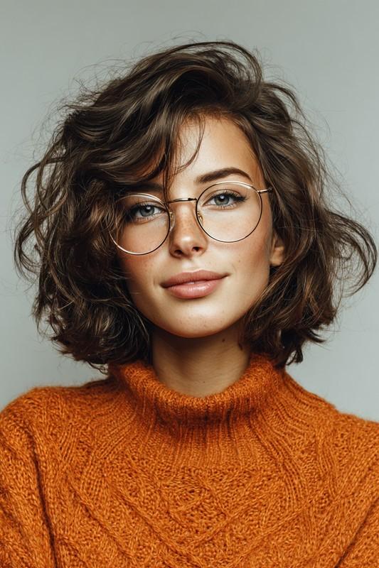کوتاهی مدیوم حجیم به رنگ قهوه ای دارچینی - مدل مو مناسب عینک