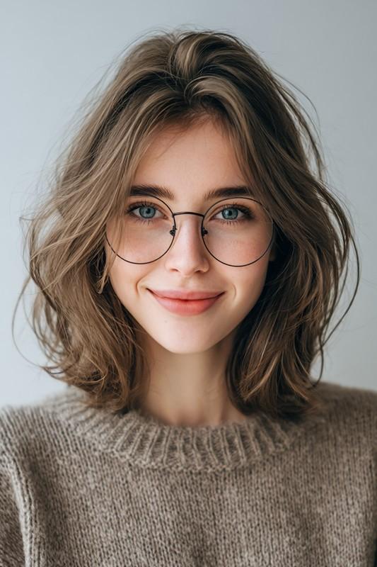 کوتاهی لایه لایه مدیوم با تناژ قهوه ای دودی - مدل مو مناسب عینک