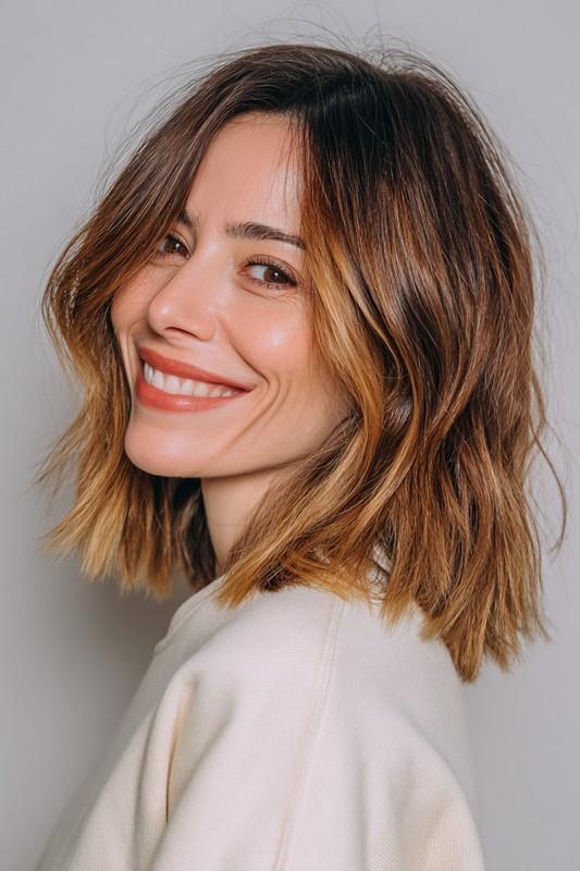 1. Soft Layered Lob with Honey Blonde Balayage (مدل موی متوسط برای میانسالان) - مدل موی متوسط برای میانسالان