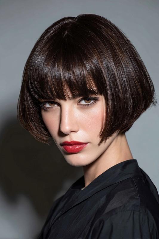 باب فرانسوی با چتری خیلی کوتاه در رنگ قهوه ای شکلاتی تیره - مدل موی کوتاه باب چتری