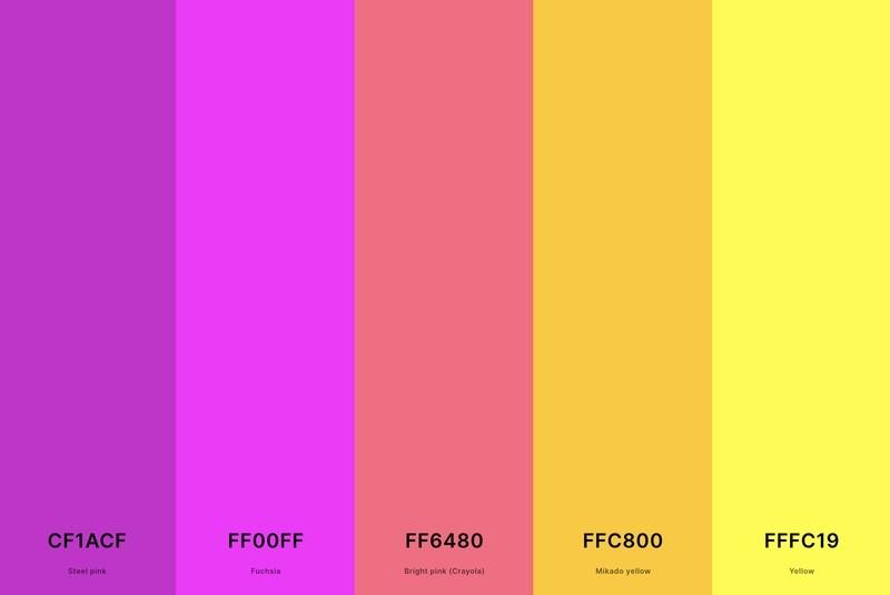 پالت رنگ سرخابی و زرد همراه با صورتی فولادی (هگز #CF1ACF) + سرخابی (هگز #FF00FF) + صورتی روشن کرایولا (هگز #FF6480) + زرد میکادو (هگز #FFC800) + زرد (هگز #FFFC19) همراه با کدهای هگز