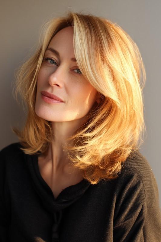 10. Side-Part Lob with Golden Blonde Highlights (مدل موی متوسط برای میانسالان) - مدل موی متوسط برای میانسالان