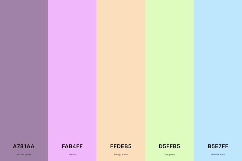 پالت رنگ سرخابی پاستلی همراه با بنفش آفریقایی (هگز #A781AA) + ارغوانی روشن (هگز #FAB4FF) + سفید ناواهو (هگز #FFDEB5) + سبز چای (هگز #D5FFB5) + آبی اورانیومی (هگز #B5E7FF) همراه با کدهای هگز