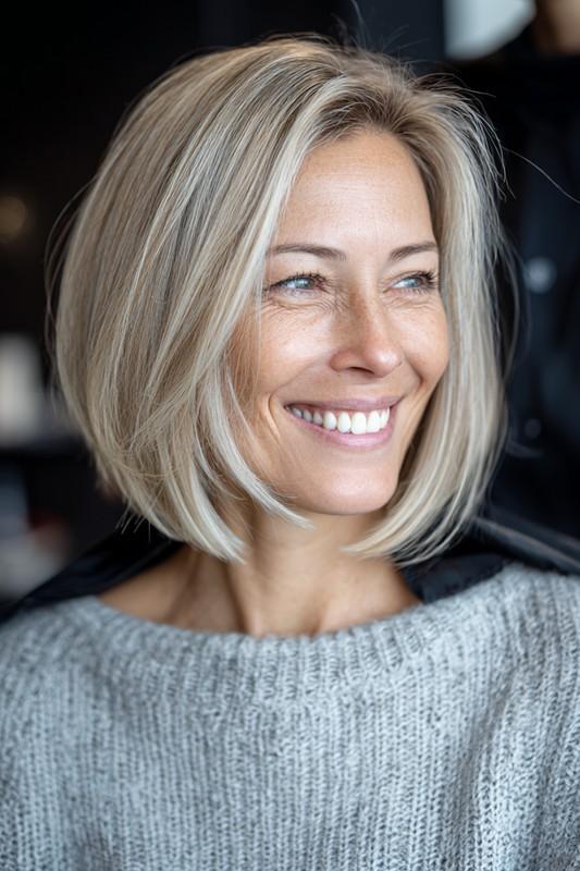 8. Straight Mid-Length Cut with Cool Beige Blonde (مدل موی متوسط برای میانسالان) - مدل موی متوسط برای میانسالان