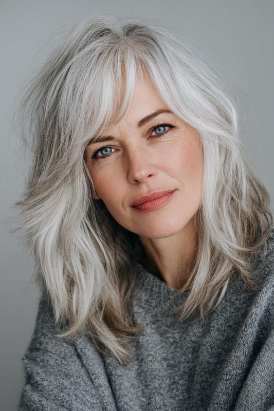 5. Wispy Layers with Silver Blonde Blend (مدل موی متوسط برای میانسالان) - مدل موی متوسط برای میانسالان