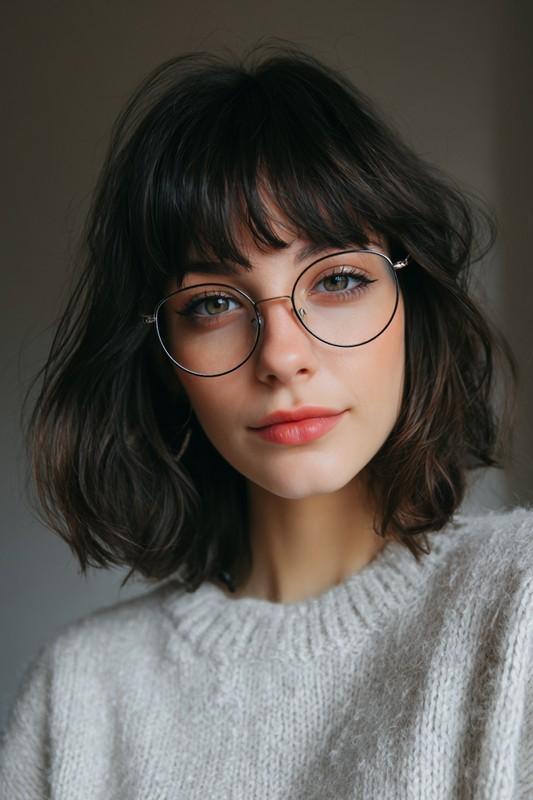 کوتاهی با چتری پرده ای به رنگ مشکی نرم - مدل مو مناسب عینک