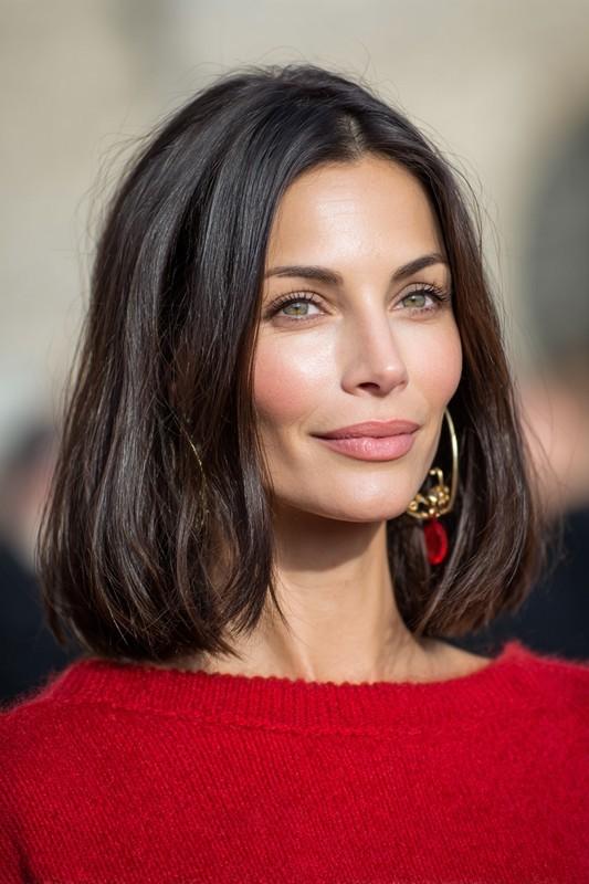 21. Curved Lob with Deep Brunette Gloss (مدل موی متوسط برای میانسالان) - مدل موی متوسط برای میانسالان