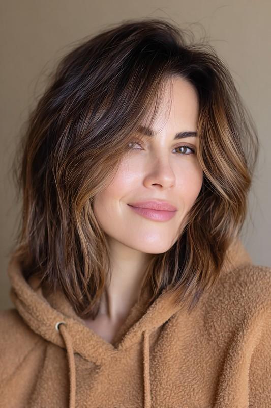 25. Shoulder-Length Cut with Soft Black and Brown Blend (مدل موی متوسط برای میانسالان) - مدل موی متوسط برای میانسالان