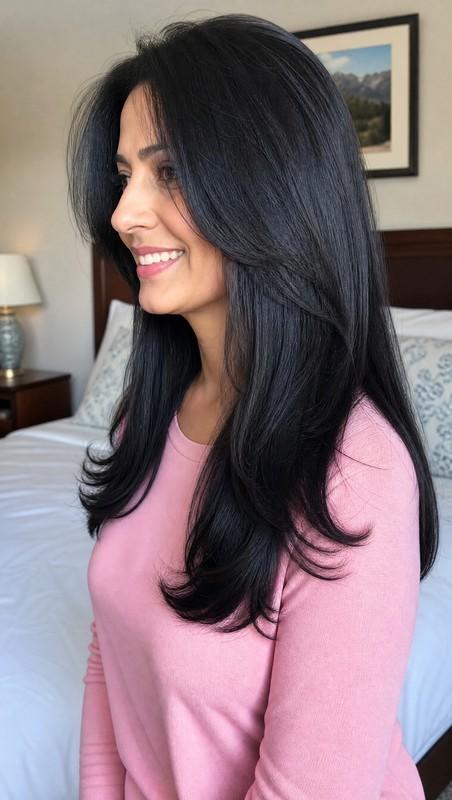 کوتاهی بلند یو شکل (U-Shaped) با مشکی ملایم - مدل موی بلند زنانه