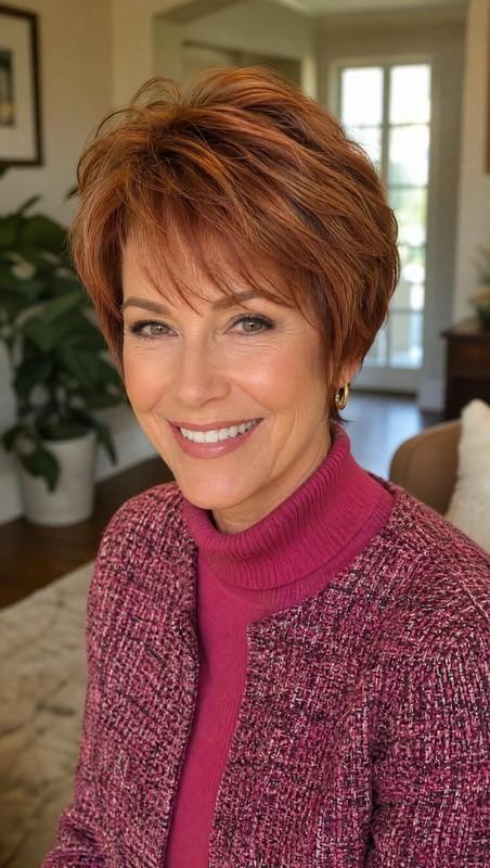 مدل موی کوتاه زنانه پیکسی باب لایه لایه به رنگ بلوطی گرم