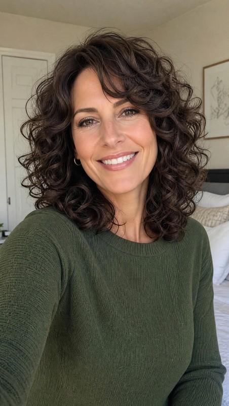 مدل موی لایه ای زنانه - Soft Curly Layers in Dark Brown