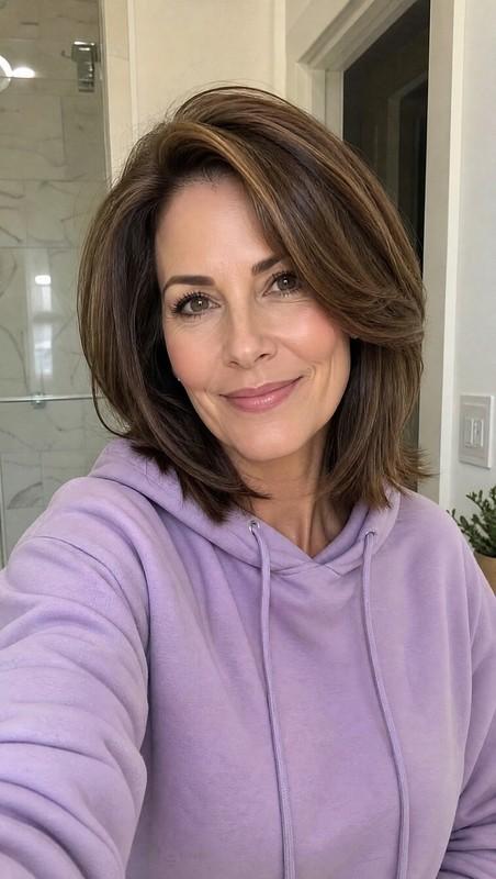مدل موی لایه ای زنانه - Layered Lob with Side Part in Walnut Brown
